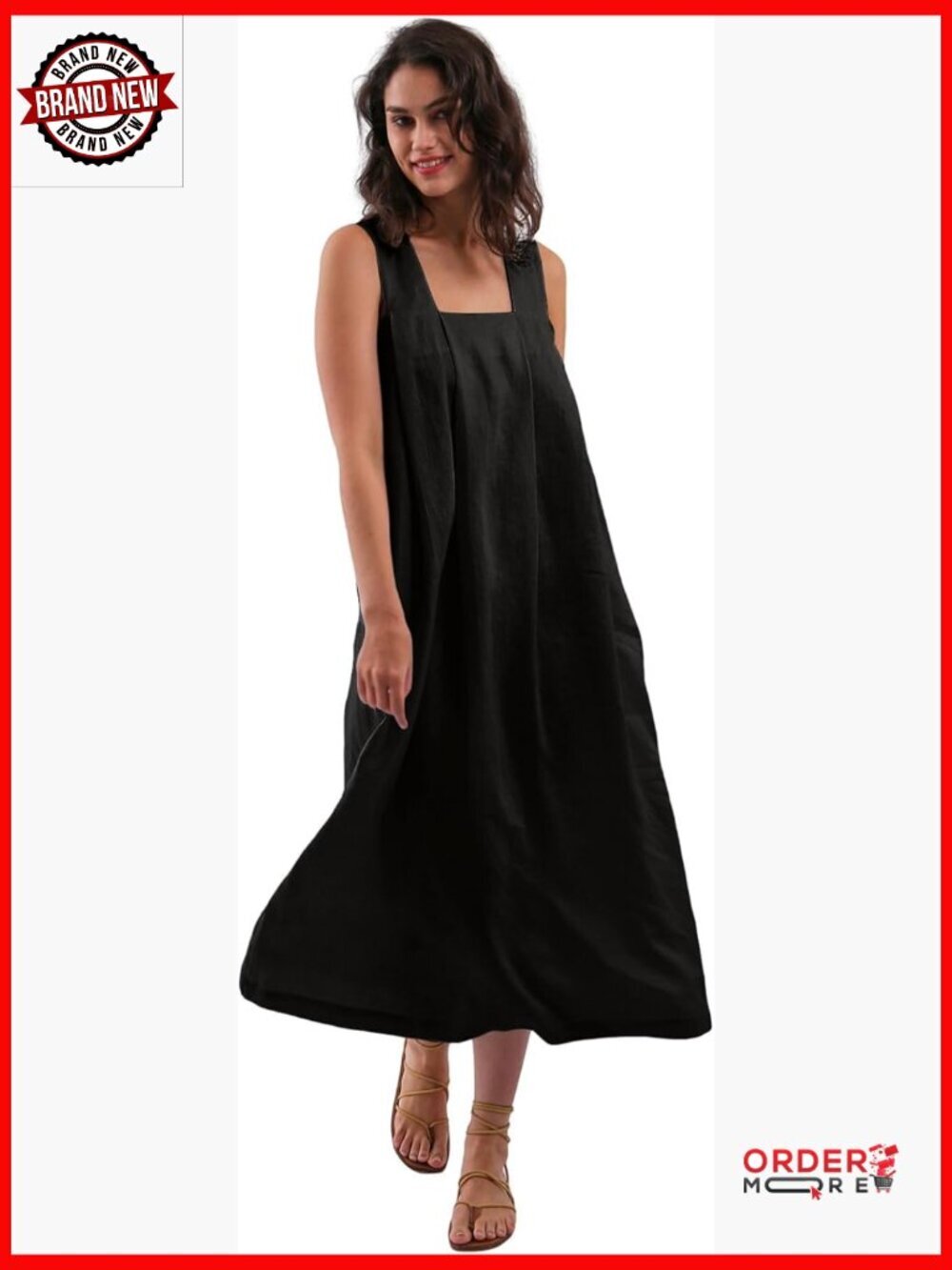 Pure Linen Sleeveless Strap Midi Dress with Pockets
